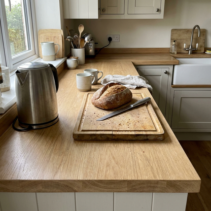 Light oak kitchen worktop in use with a wooden chopping board and kettle