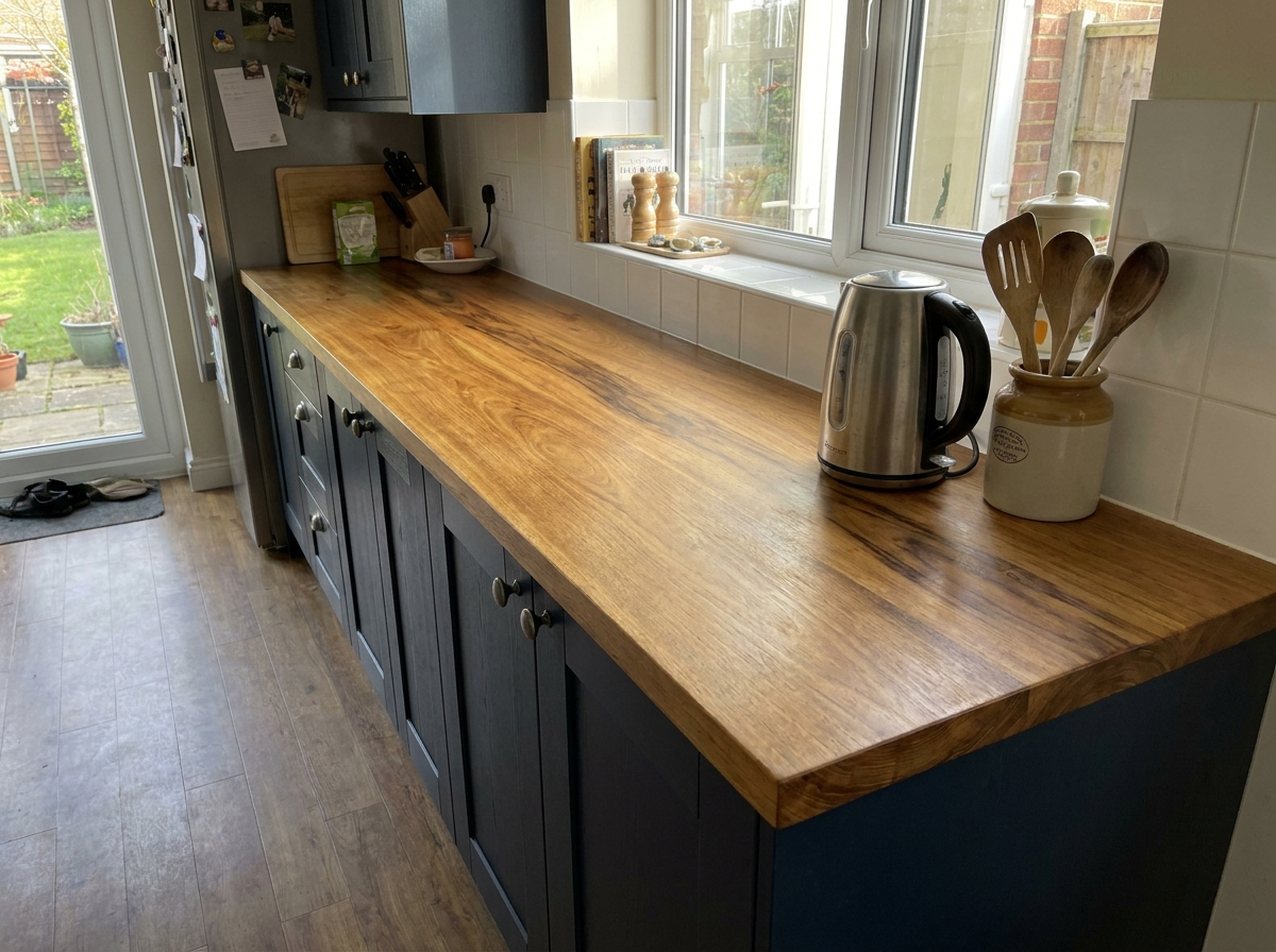 Solid iroko kitchen worktop 40mm in a navy shaker kitchen