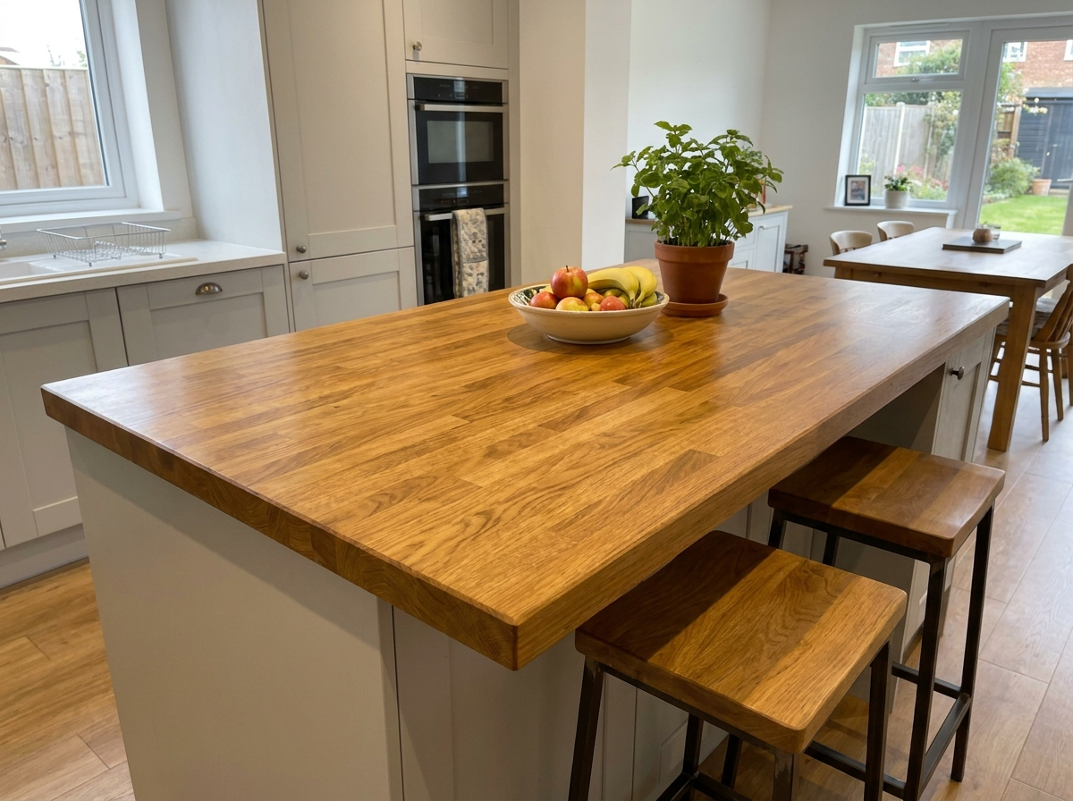 Solid iroko kitchen island worktop with breakfast bar and stools