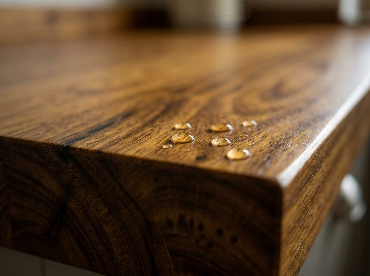 40mm solid iroko worktop square edge and golden-brown grain close-up