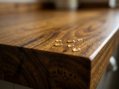 40mm solid iroko worktop square edge and golden-brown grain close-up