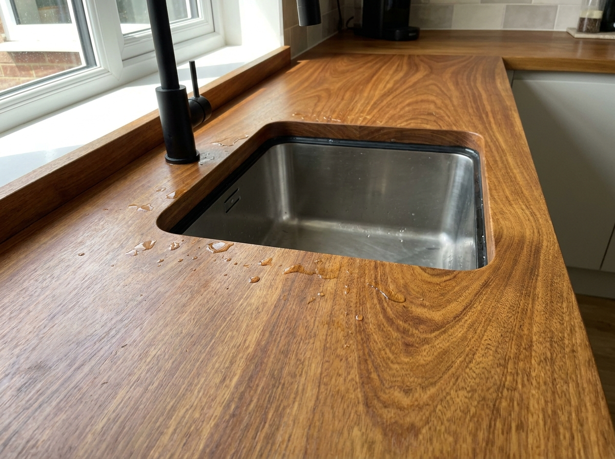 Solid iroko worktop around an undermount kitchen sink