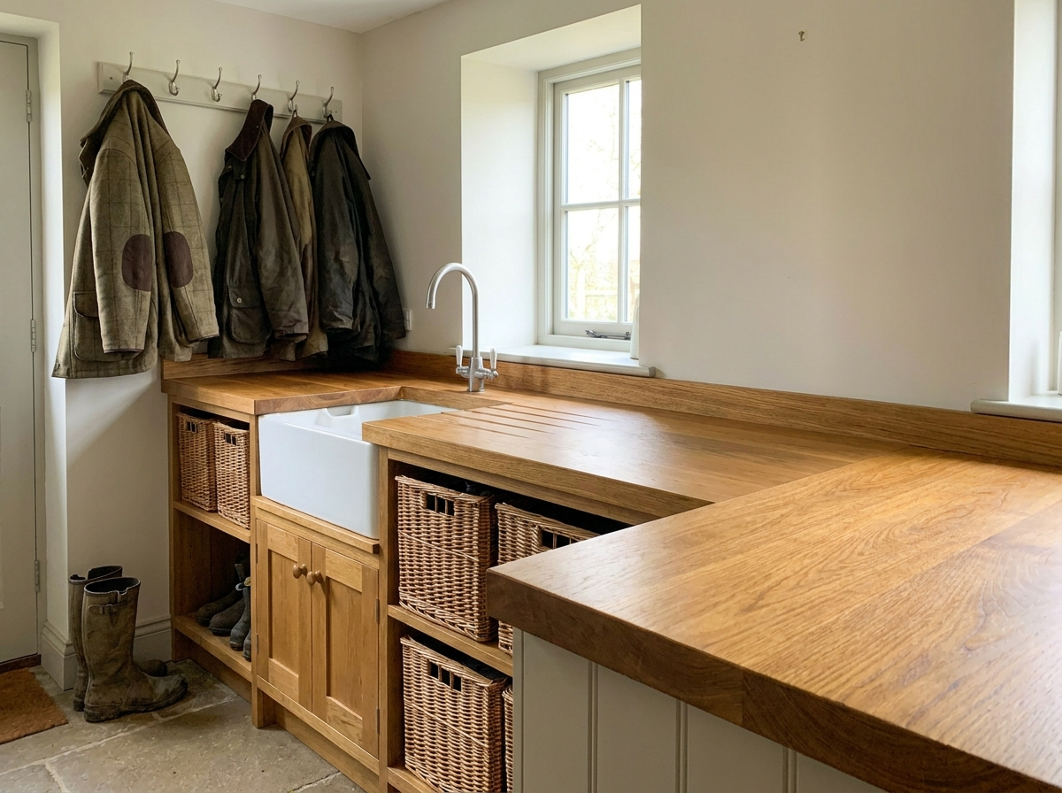 Solid iroko worktop in a utility room with Belfast sink