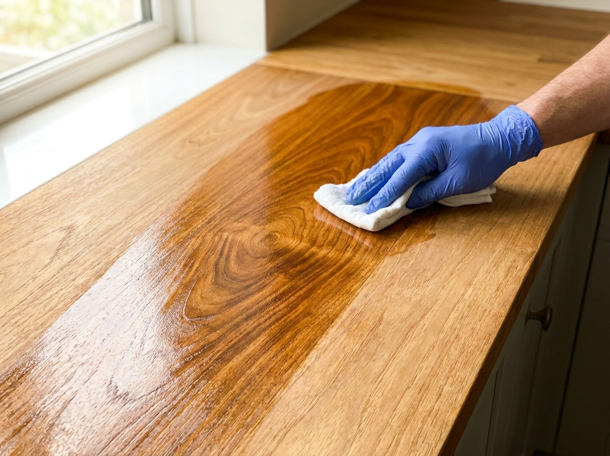 Oiling a solid iroko worktop showing richer coppery-brown tone