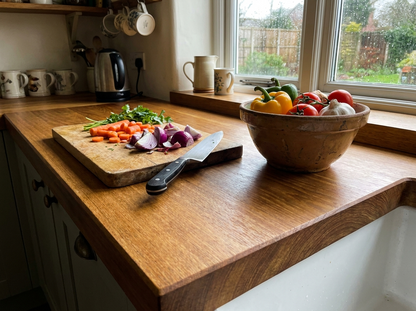 Solid iroko kitchen worktop with chopping board and vegetables