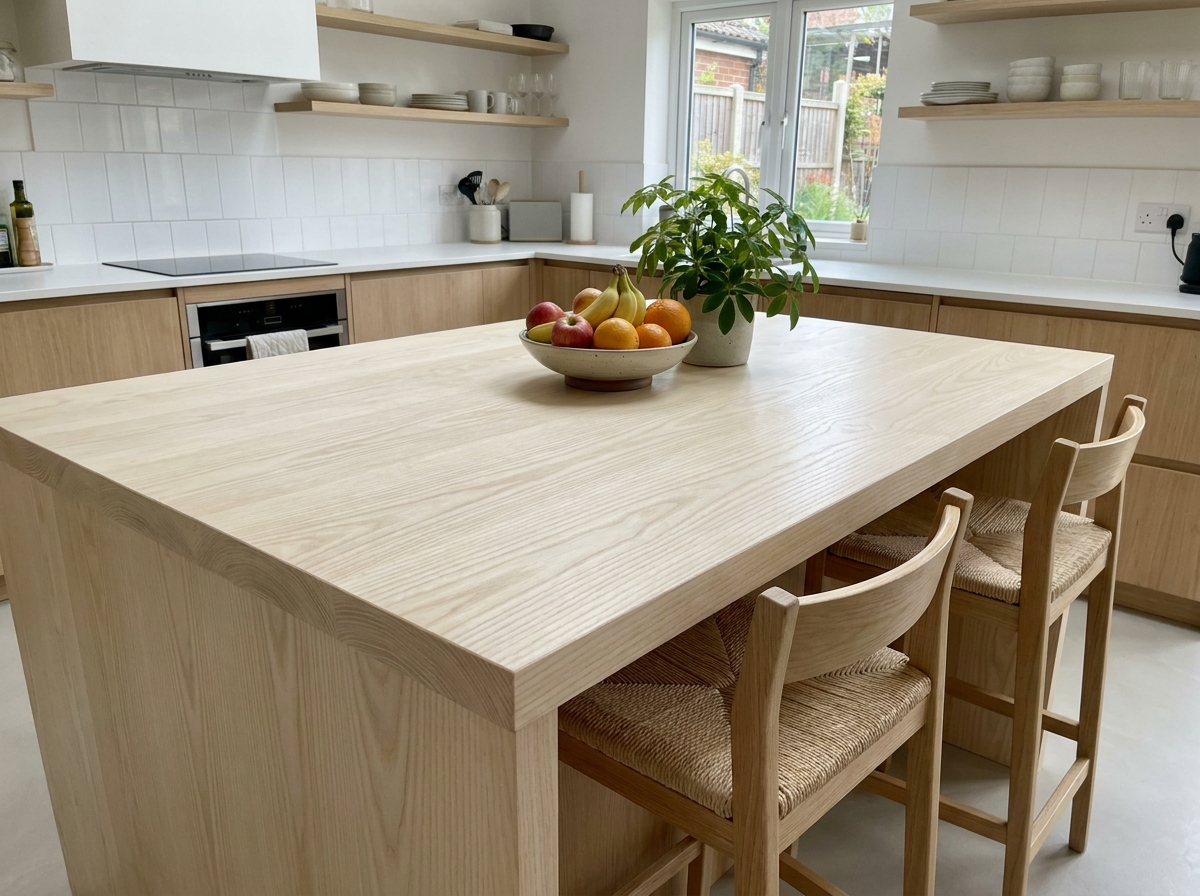 Solid ash kitchen island worktop with breakfast bar and stools