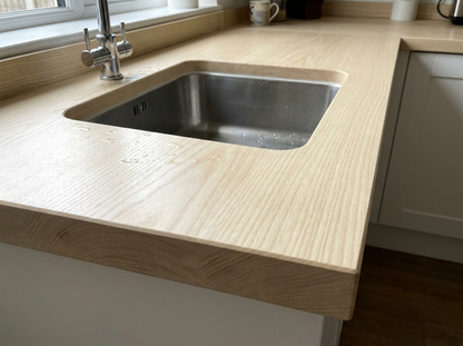 Solid ash worktop around an undermount kitchen sink