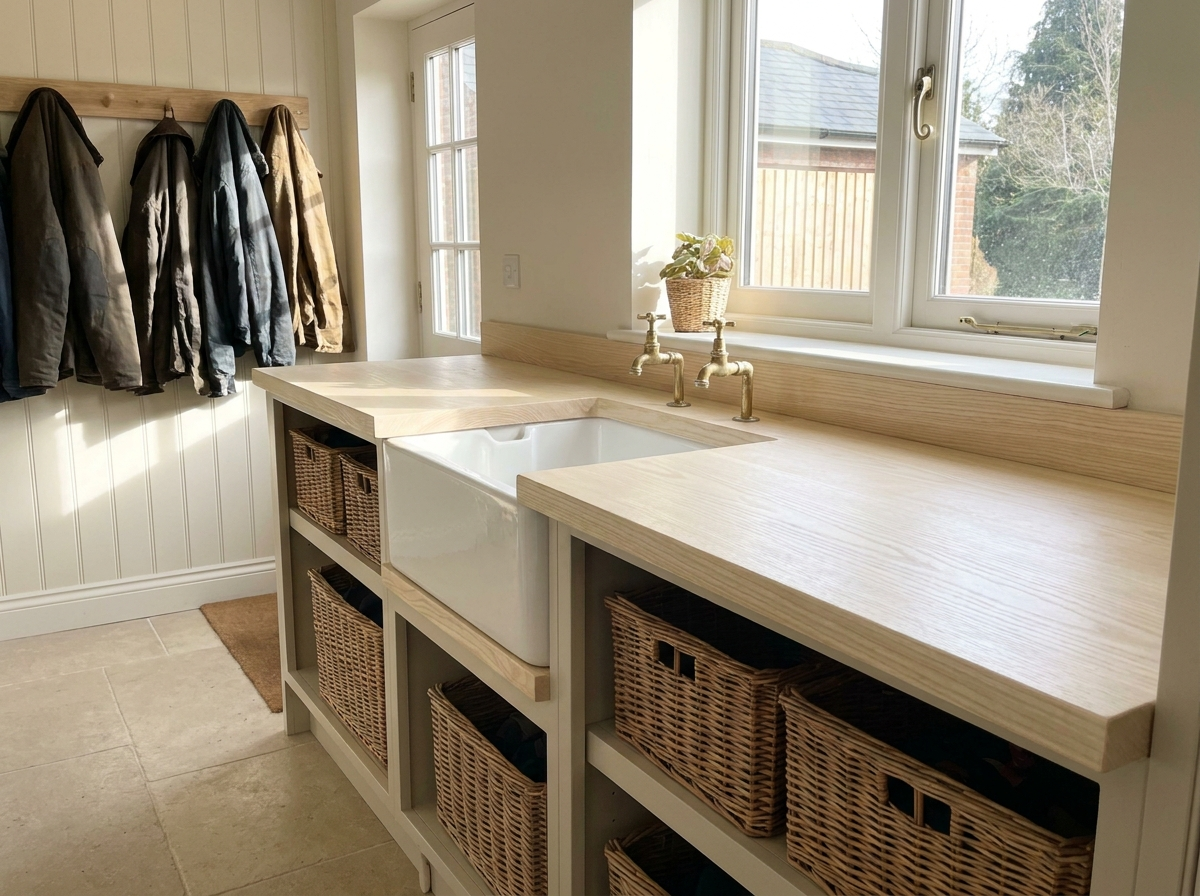 Solid ash worktop in a utility room with Belfast sink