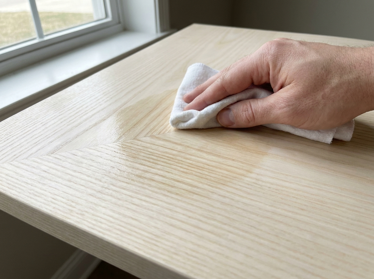 Oiling a solid ash worktop keeping the pale creamy tone