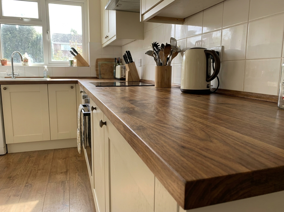 Solid walnut kitchen worktop 40mm in a cream shaker kitchen
