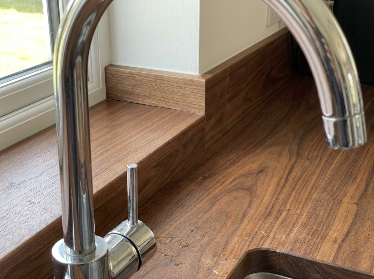 Solid walnut worktop and matching upstand behind a chrome tap