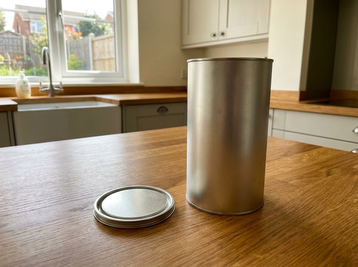 1 litre tin of clear worktop oil on a solid oak worktop