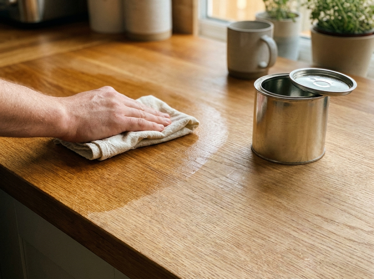 Applying clear worktop oil to a solid wood worktop with a cloth