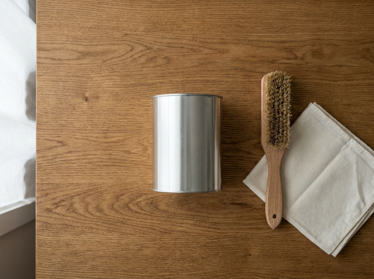 Worktop oil tin, brush and cloth on a wood worktop