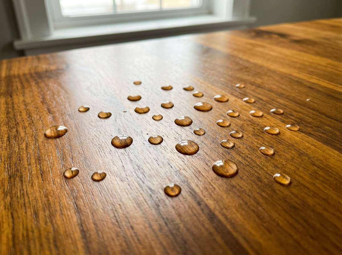 Water beading on a freshly oiled wood worktop showing water resistance