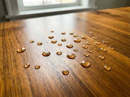 Water beading on a freshly oiled wood worktop showing water resistance