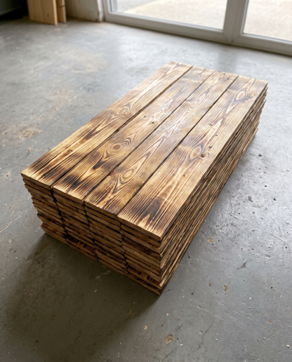 Rustic scorched reclaimed pallet wood cladding boards stacked