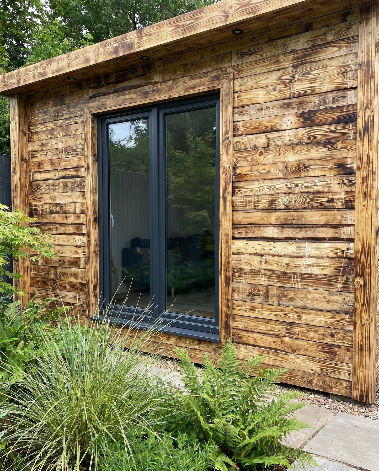 Rustic scorched shou sugi ban timber cladding on a garden studio exterior