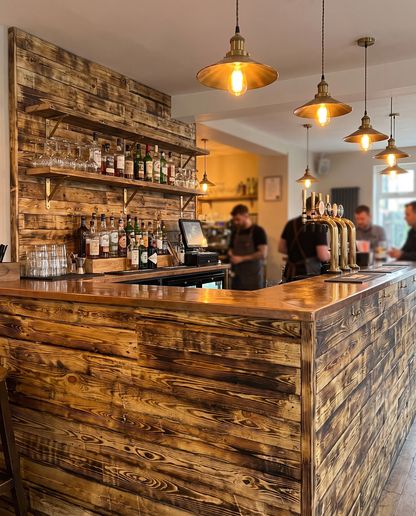 Scorched charred timber cladding on a bar counter and back wall