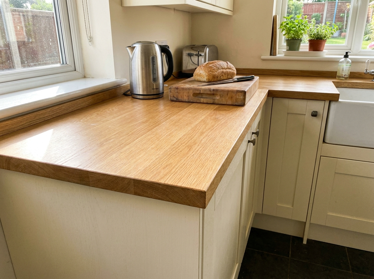 Slim solid oak worktop with a square edge in a UK kitchen