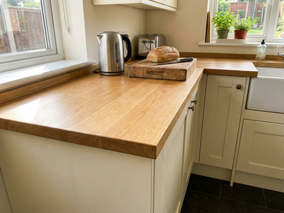 Slim solid oak worktop with a square edge in a UK kitchen