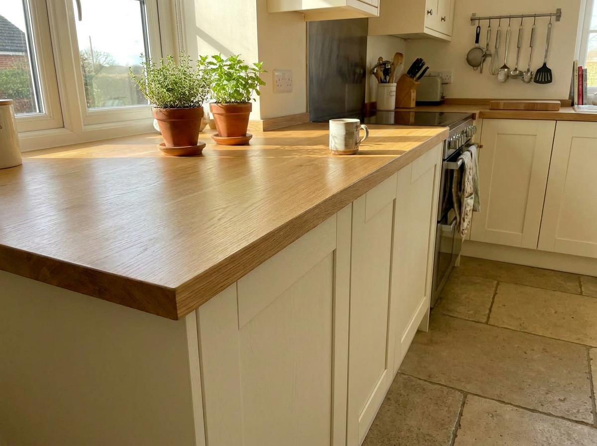 Solid oak worktop with square edge along cream shaker base units