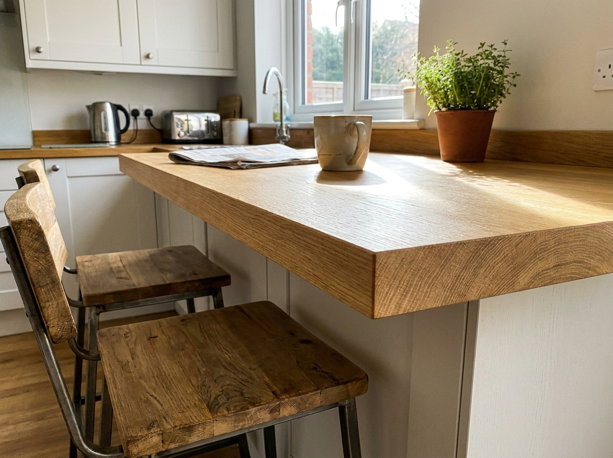 Solid oak breakfast bar with square edge and stools