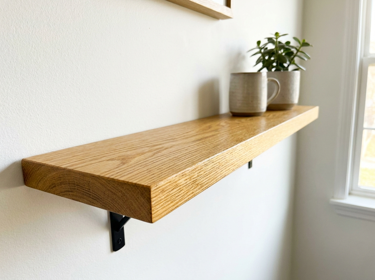 Slim solid oak floating shelf with a square edge