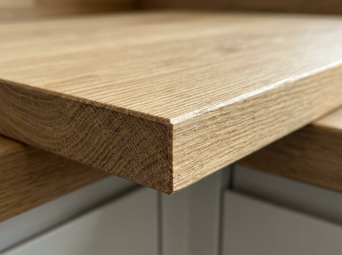 Close-up of the square cut edge of a slim solid oak worktop