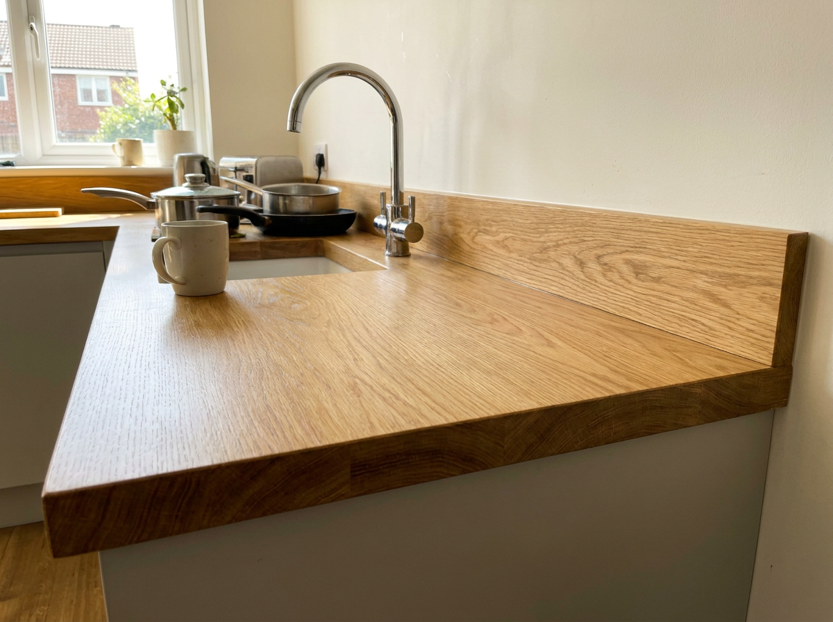 Solid oak worktop and matching upstand behind a chrome tap