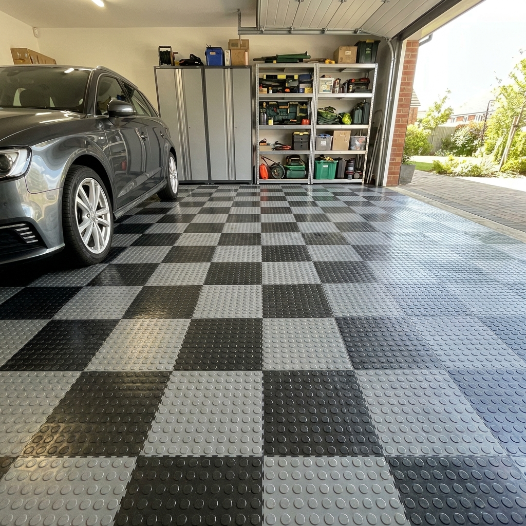 Black and grey interlocking garage floor tiles laid in a checkerboard pattern in a home garage