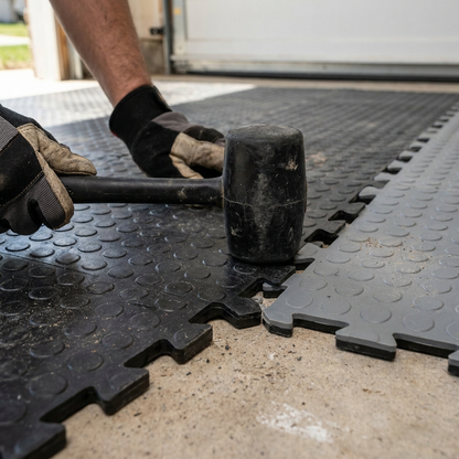 Fitting a black coin interlocking garage floor tile with a rubber mallet