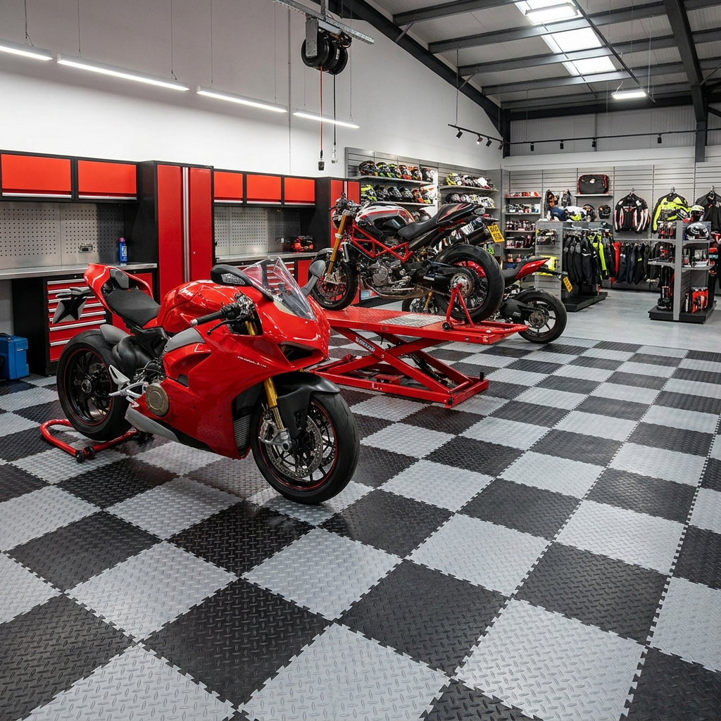 Grey and black checker plate garage floor tiles in a motorcycle workshop showroom