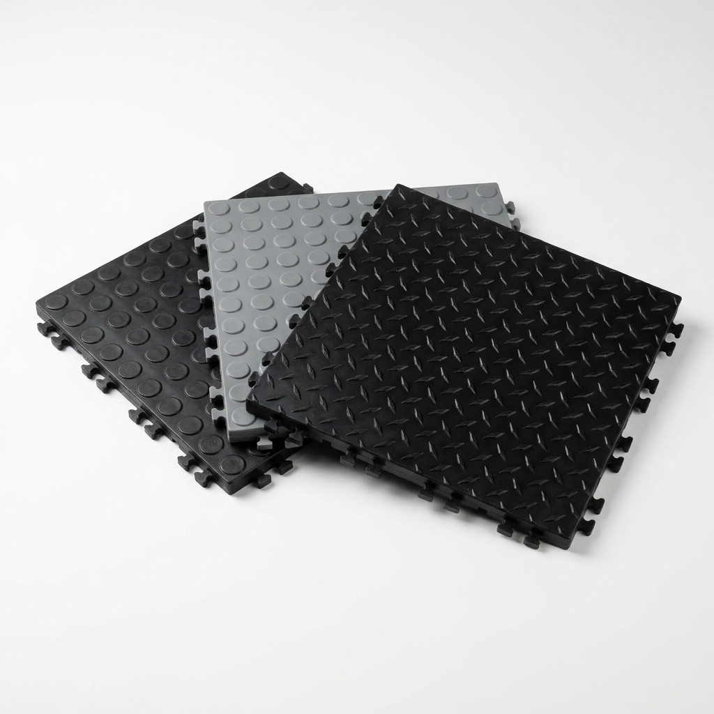 Interlocking garage floor tiles - black and grey coin and checker plate 12mm PVC tiles
