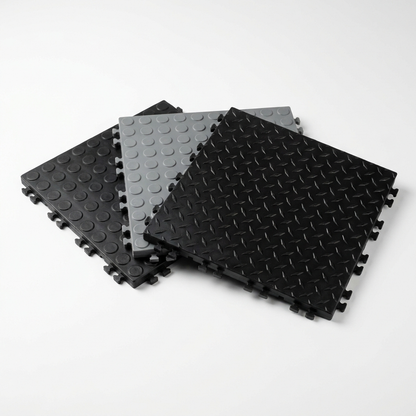 Interlocking garage floor tiles - black and grey coin and checker plate 12mm PVC tiles