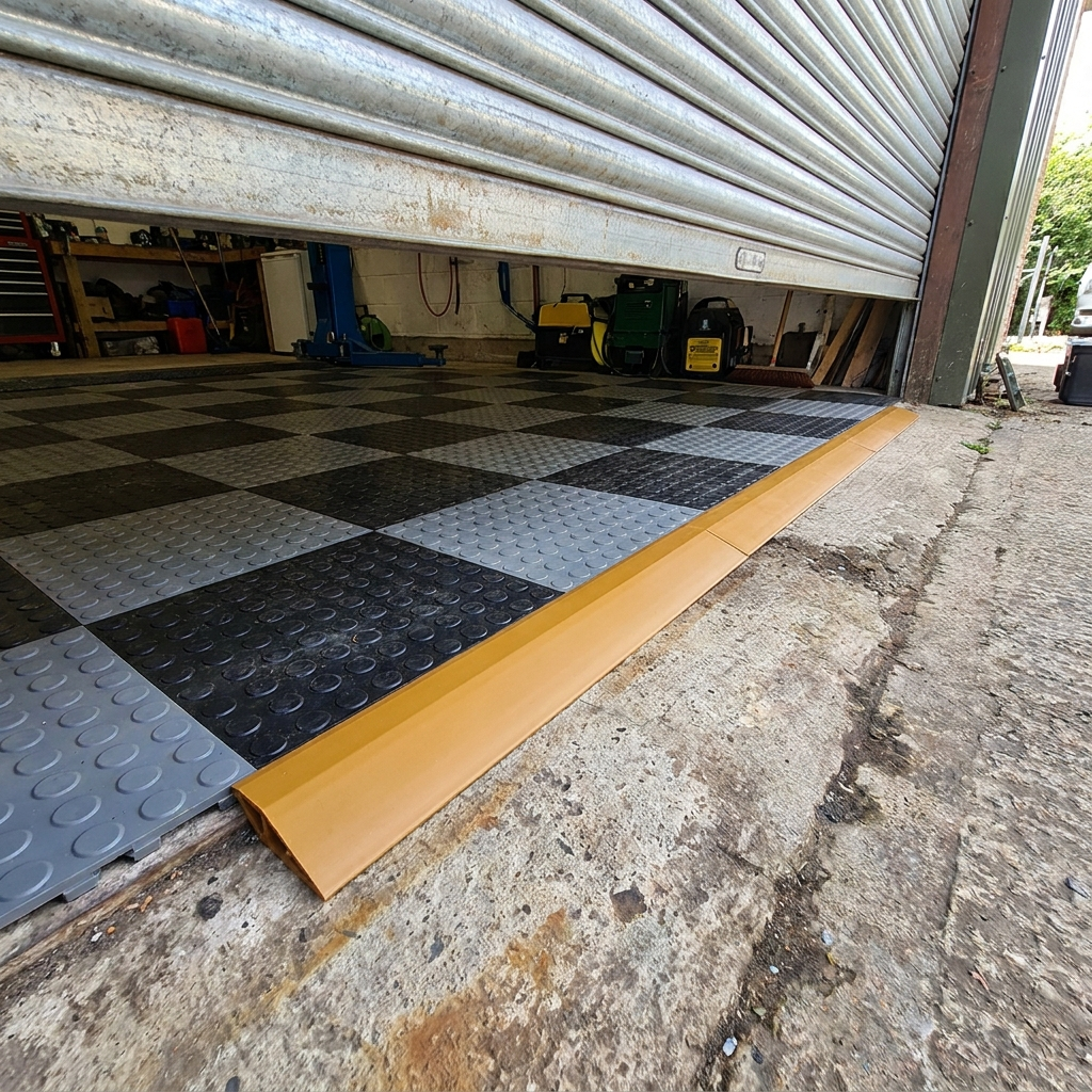Golden-yellow ramp edge at a garage doorway giving a trip-free transition from tiles to concrete