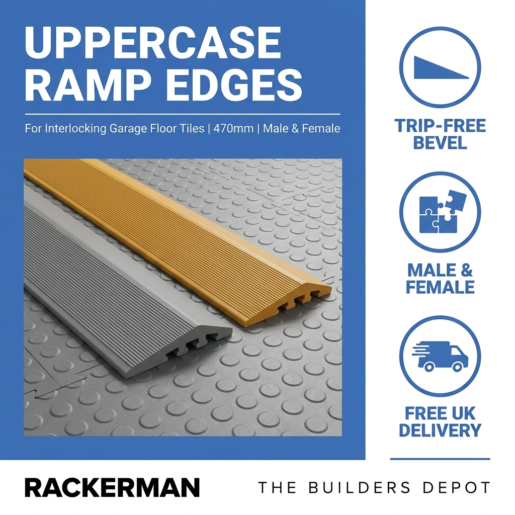 Ramp edges for interlocking garage floor tiles - 470mm male and female in black grey and golden yellow