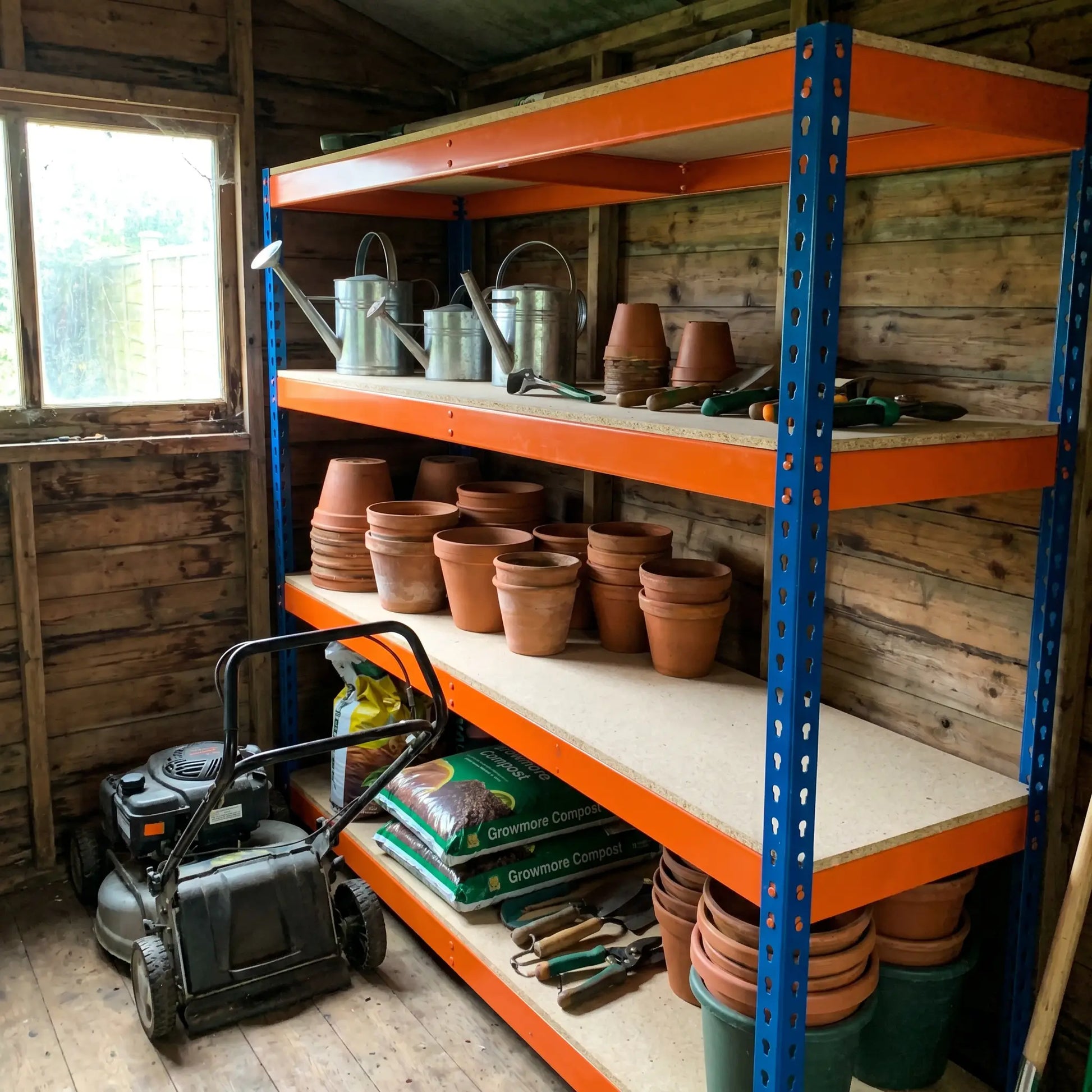 Garage racking used as garden shed shelving with plant pots, compost and hand tools