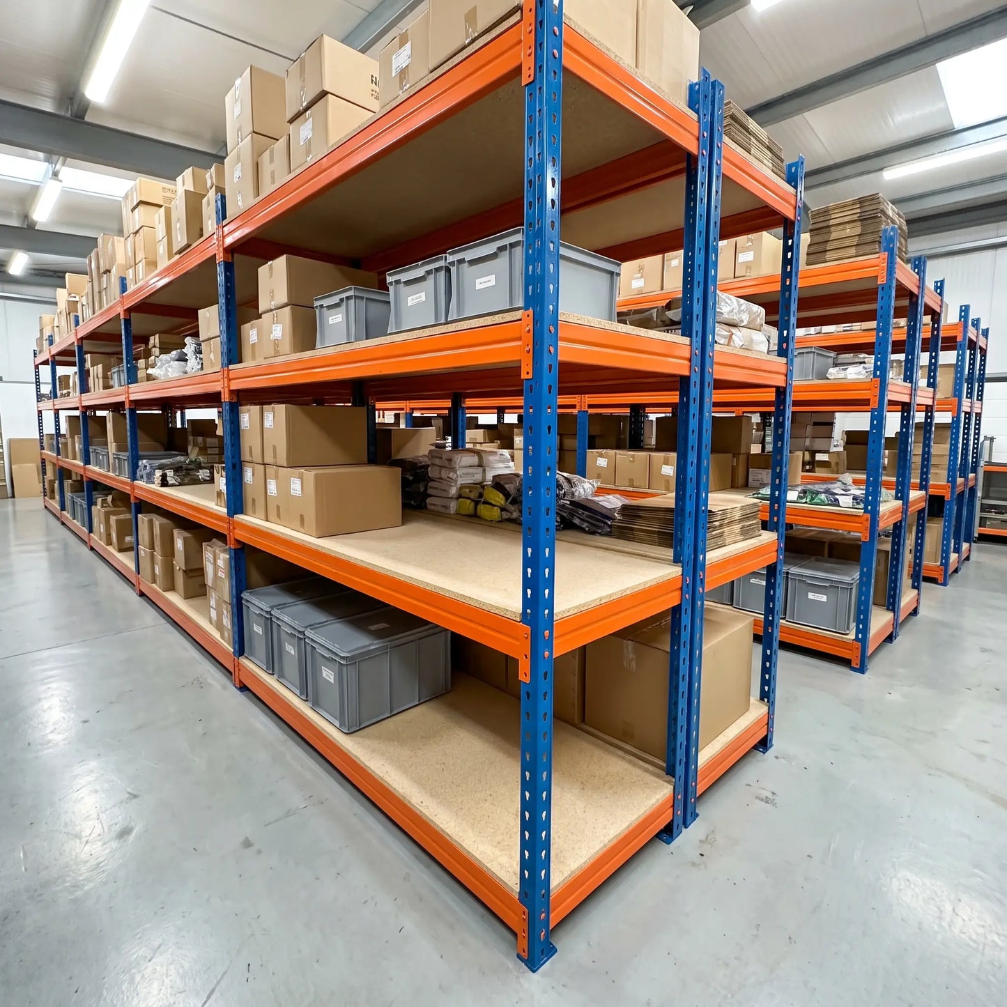 Warehouse racking bays with cardboard cartons and tote boxes, heavy duty boltless steel shelving