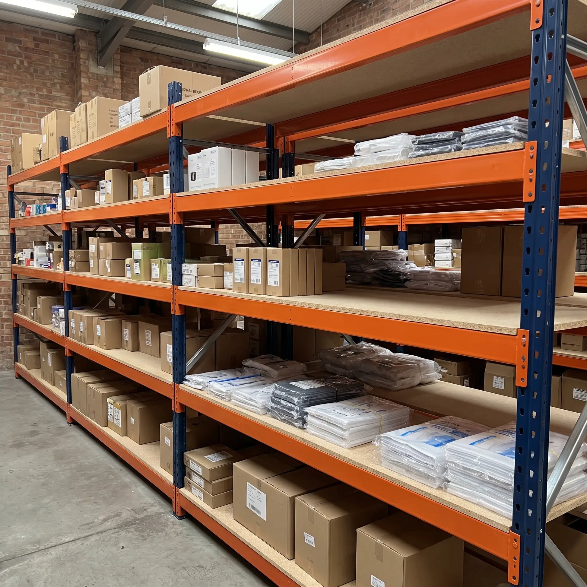 Retail stockroom shelving with stock boxes, boltless metal garage racking unit