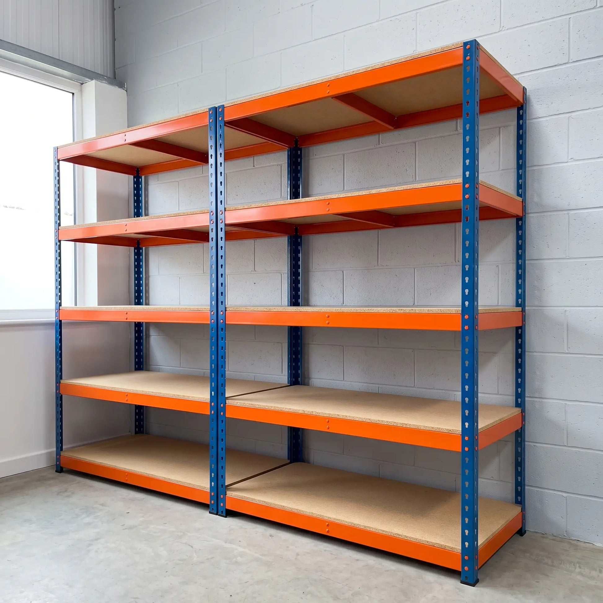 250kg boltless shed and garage shelving unit empty, orange and blue steel racking