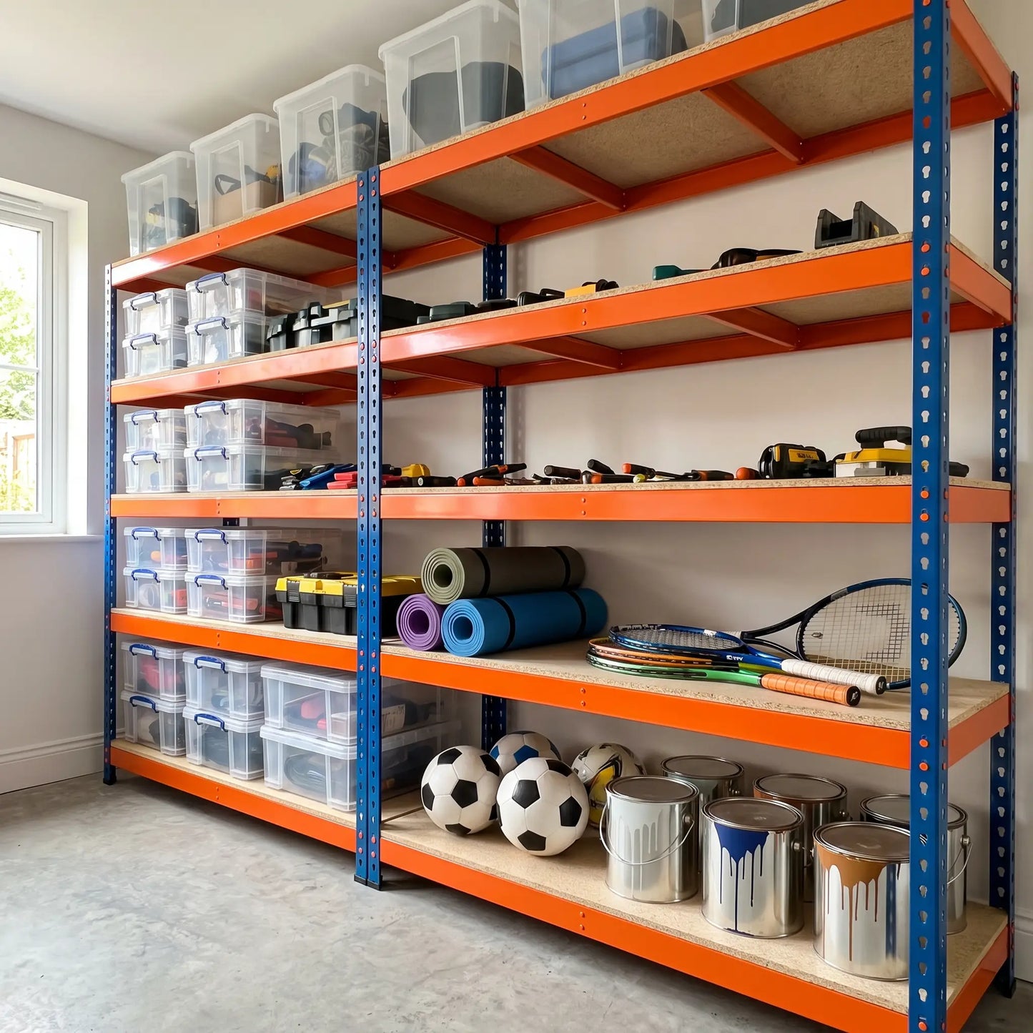 250kg garage shelving loaded with boxes, tools and sports gear in a UK home garage
