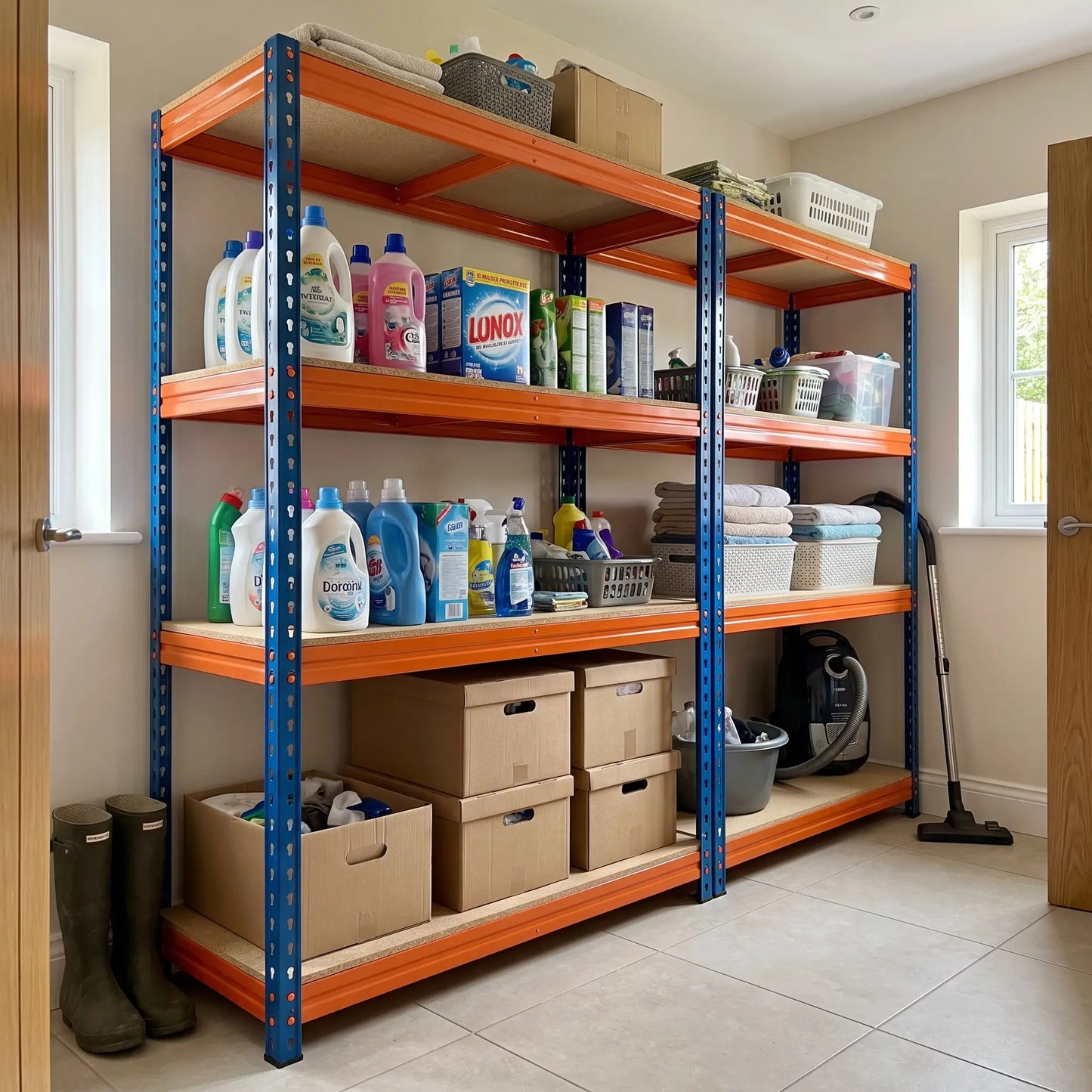 Boltless utility room shelving with cleaning supplies and household storage, 250kg racking