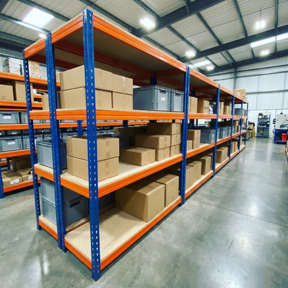 6-bay warehouse racking run loaded with cartons and tote boxes, heavy duty boltless steel shelving
