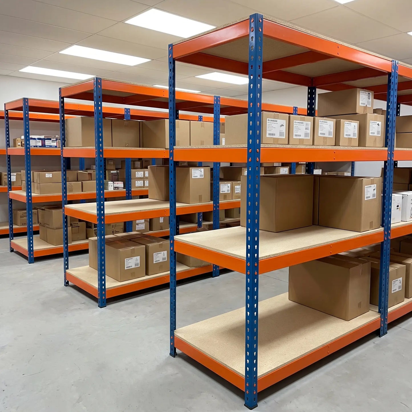 Warehouse stockroom shelving bays with stock boxes and cartons, 300kg boltless racking