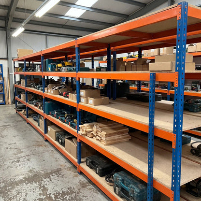 Industrial workshop racking holding tools, parts and timber, heavy duty boltless steel bays
