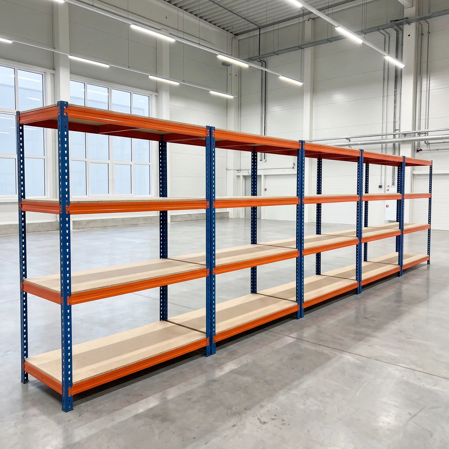 Six empty boltless warehouse racking bays in a clean industrial unit, orange and blue steel