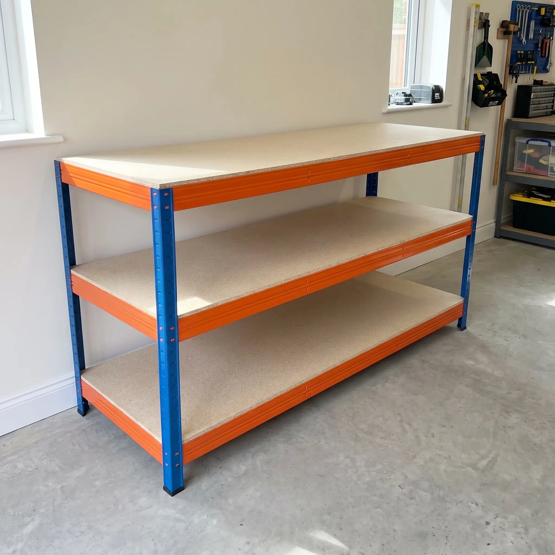 3 level steel work bench with worktop and two lower storage shelves, boltless garage workbench