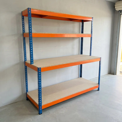 Heavy duty steel workstation bench with worktop and upper storage shelves, orange and blue boltless 400kg