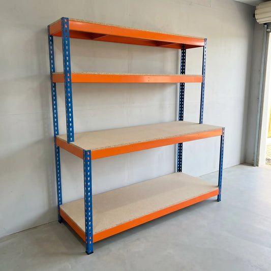 Heavy duty steel workstation bench with worktop and upper storage shelves, orange and blue boltless 400kg